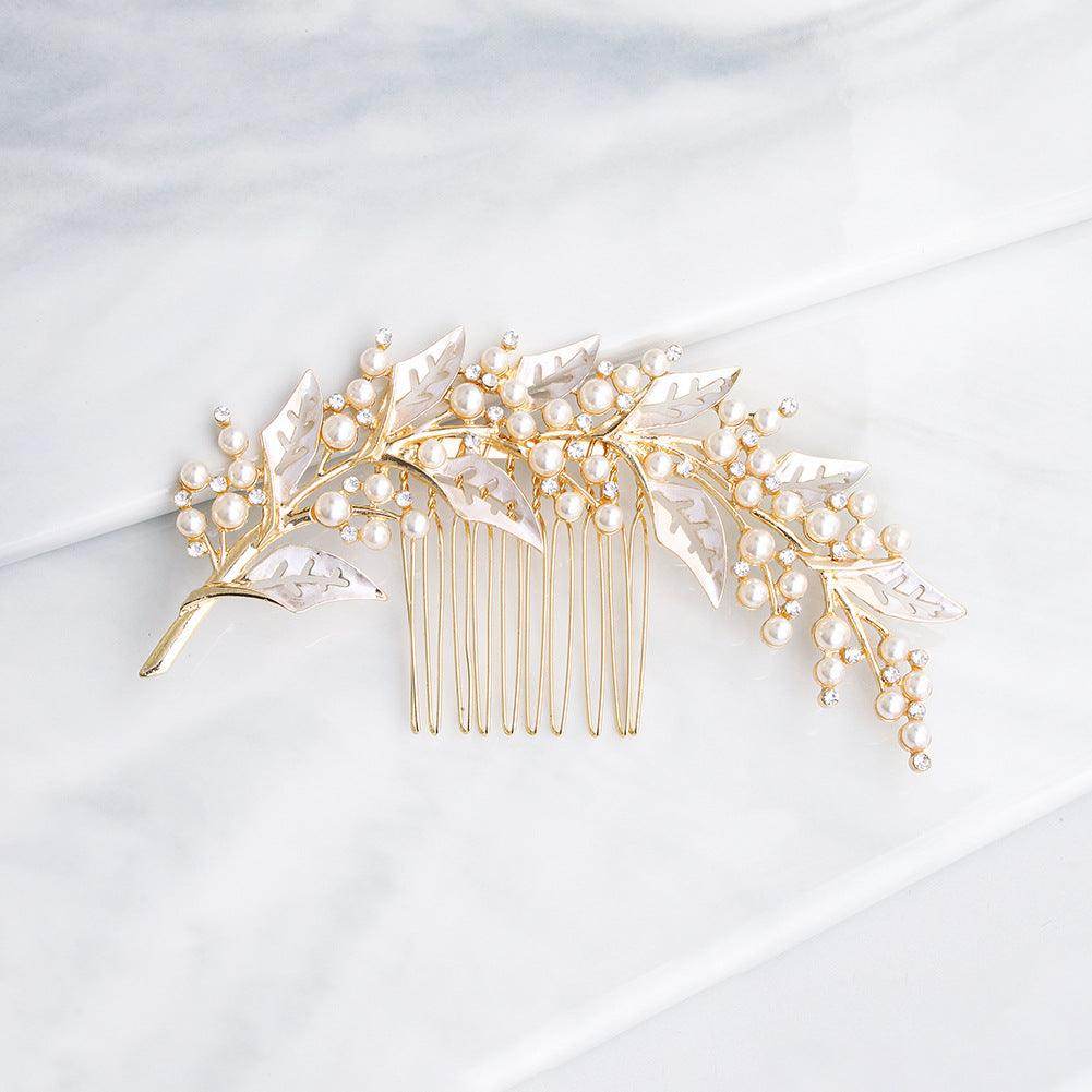 INS style bridal bridal headpiece alloy hollow leaf hair comb Pearl rhinestone disc hair insert comb 597016876018 - COCOMELODY